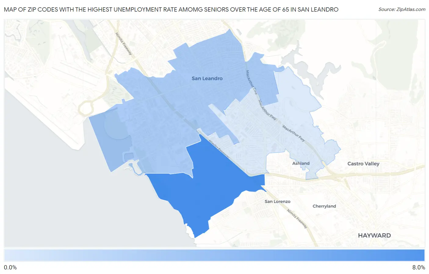 Zip Codes with the Highest Unemployment Rate Amomg Seniors Over the Age of 65 in San Leandro Map
