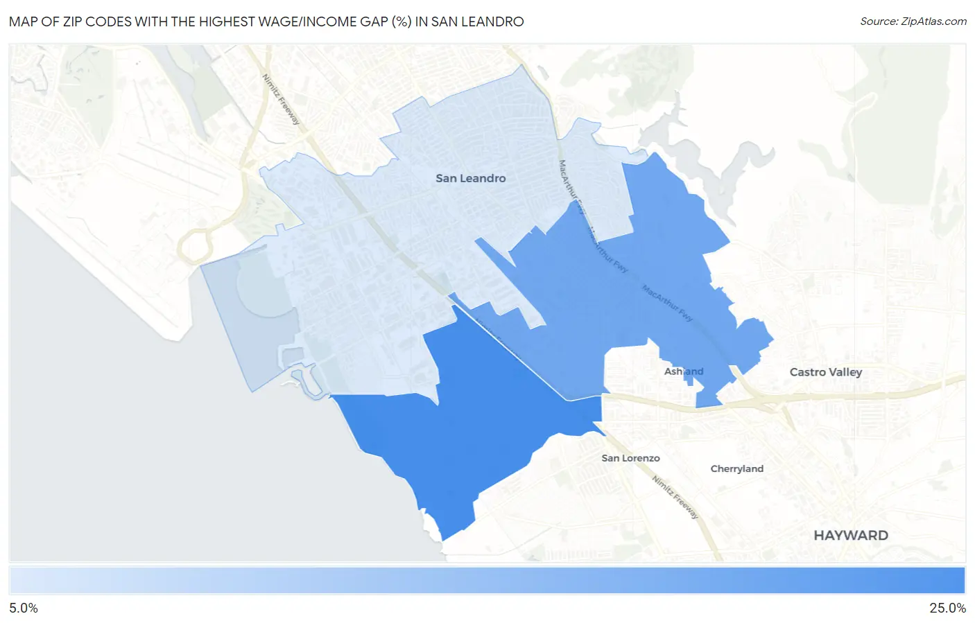 Zip Codes with the Highest Wage/Income Gap (%) in San Leandro Map