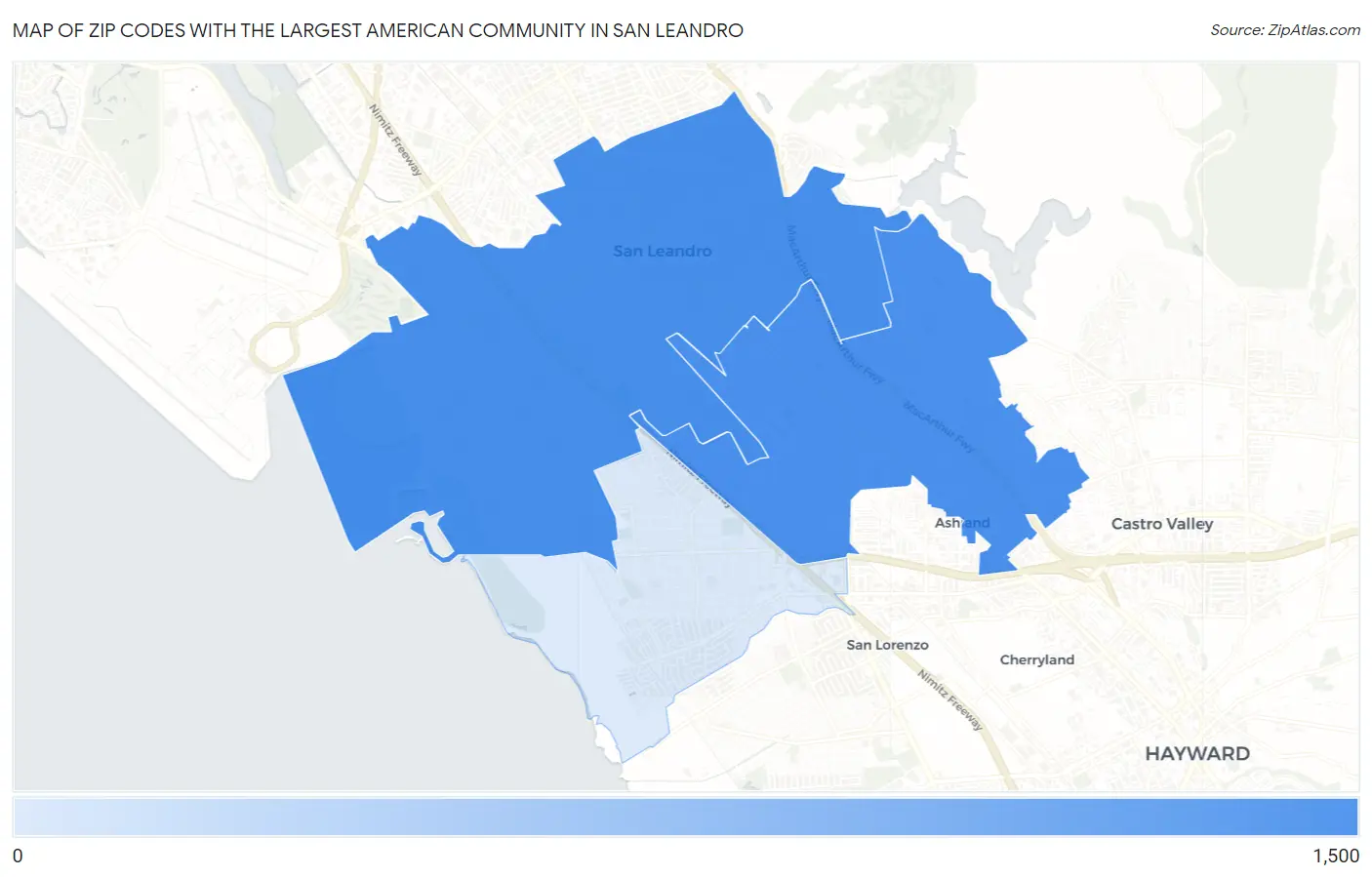 Zip Codes with the Largest American Community in San Leandro Map