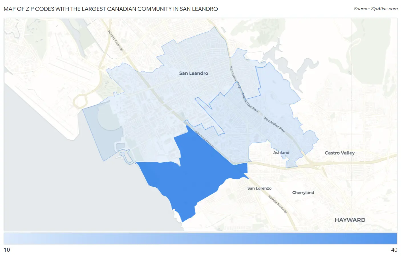 Zip Codes with the Largest Canadian Community in San Leandro Map