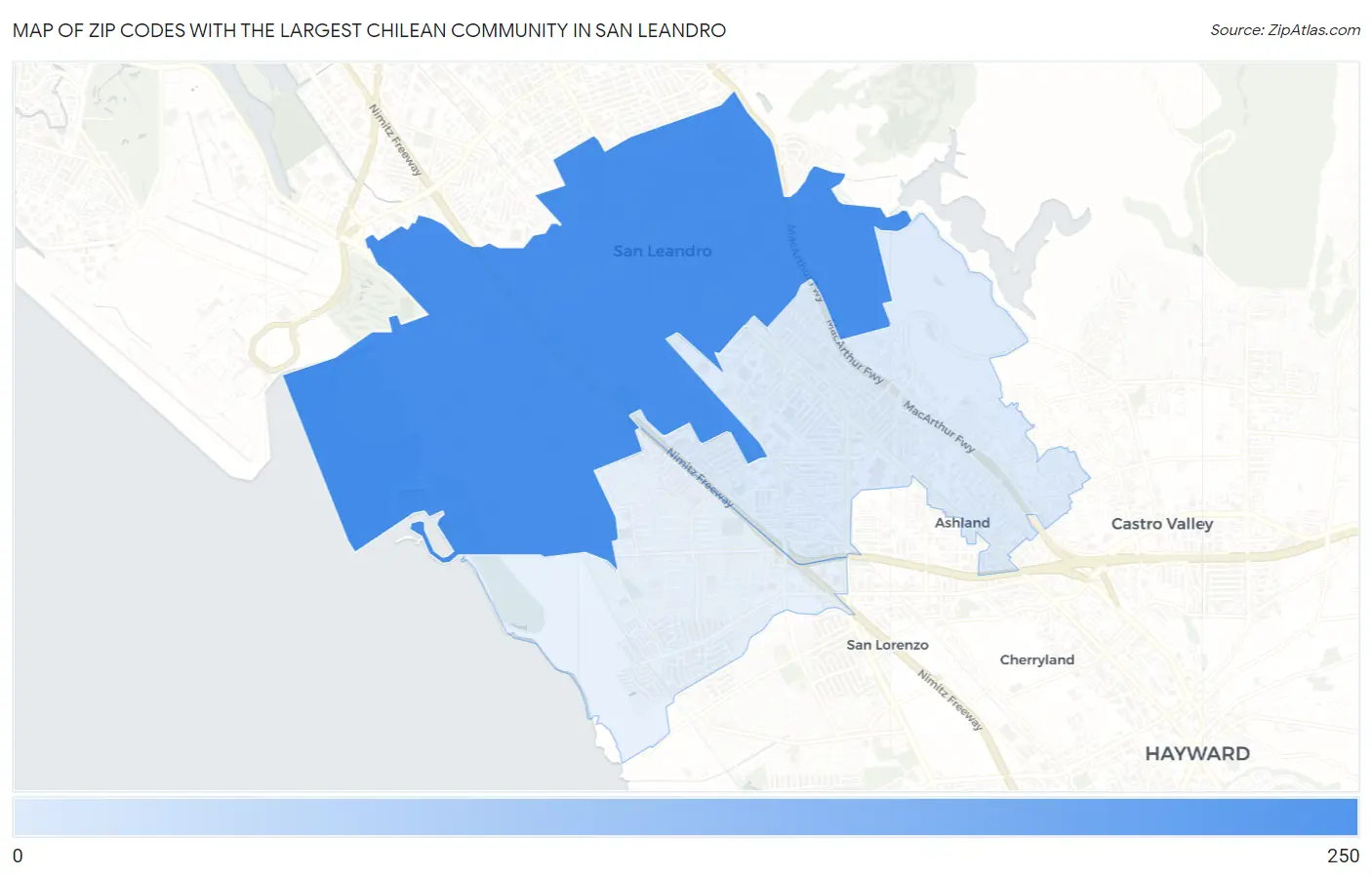 Zip Codes with the Largest Chilean Community in San Leandro Map