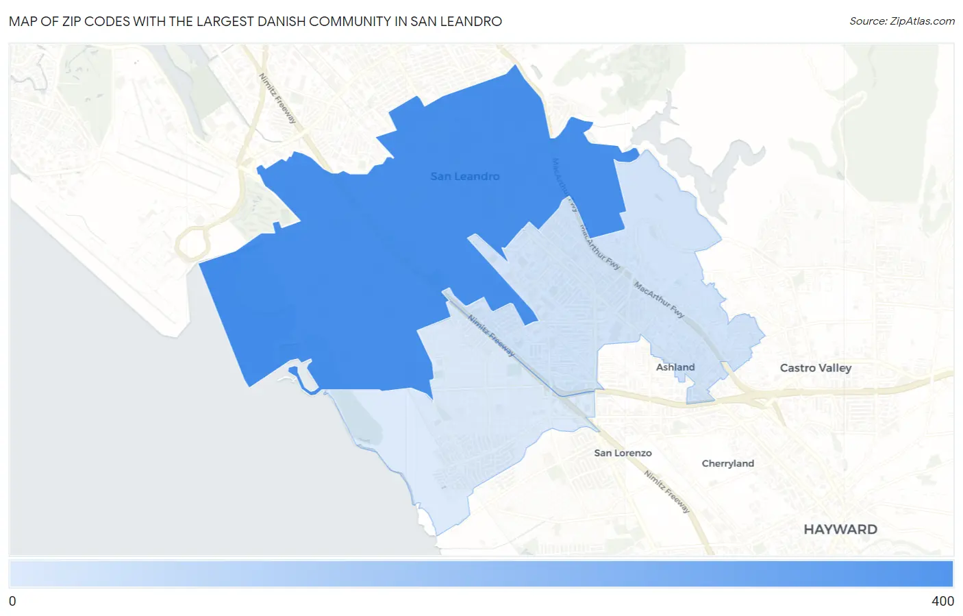 Zip Codes with the Largest Danish Community in San Leandro Map