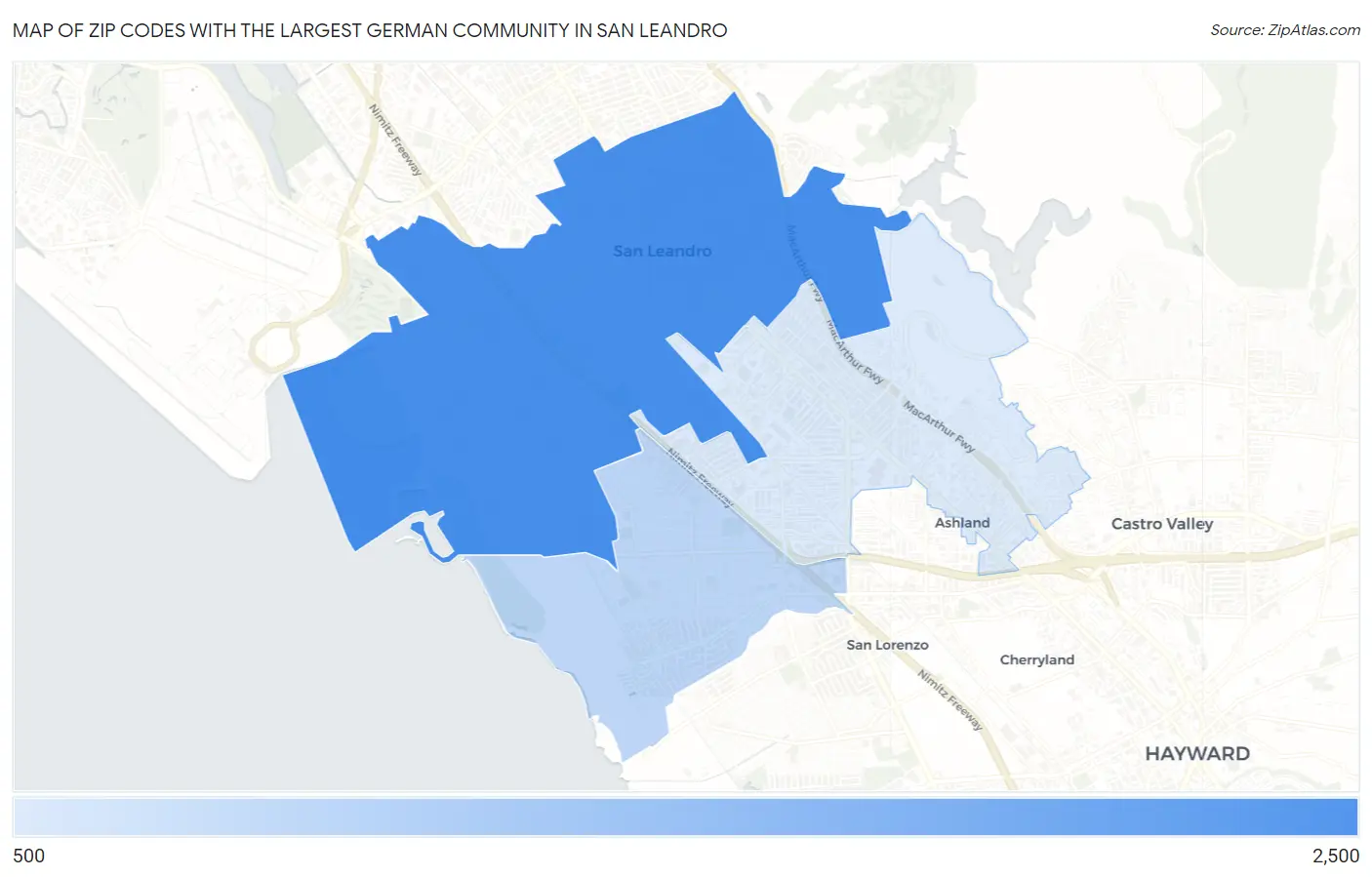 Zip Codes with the Largest German Community in San Leandro Map