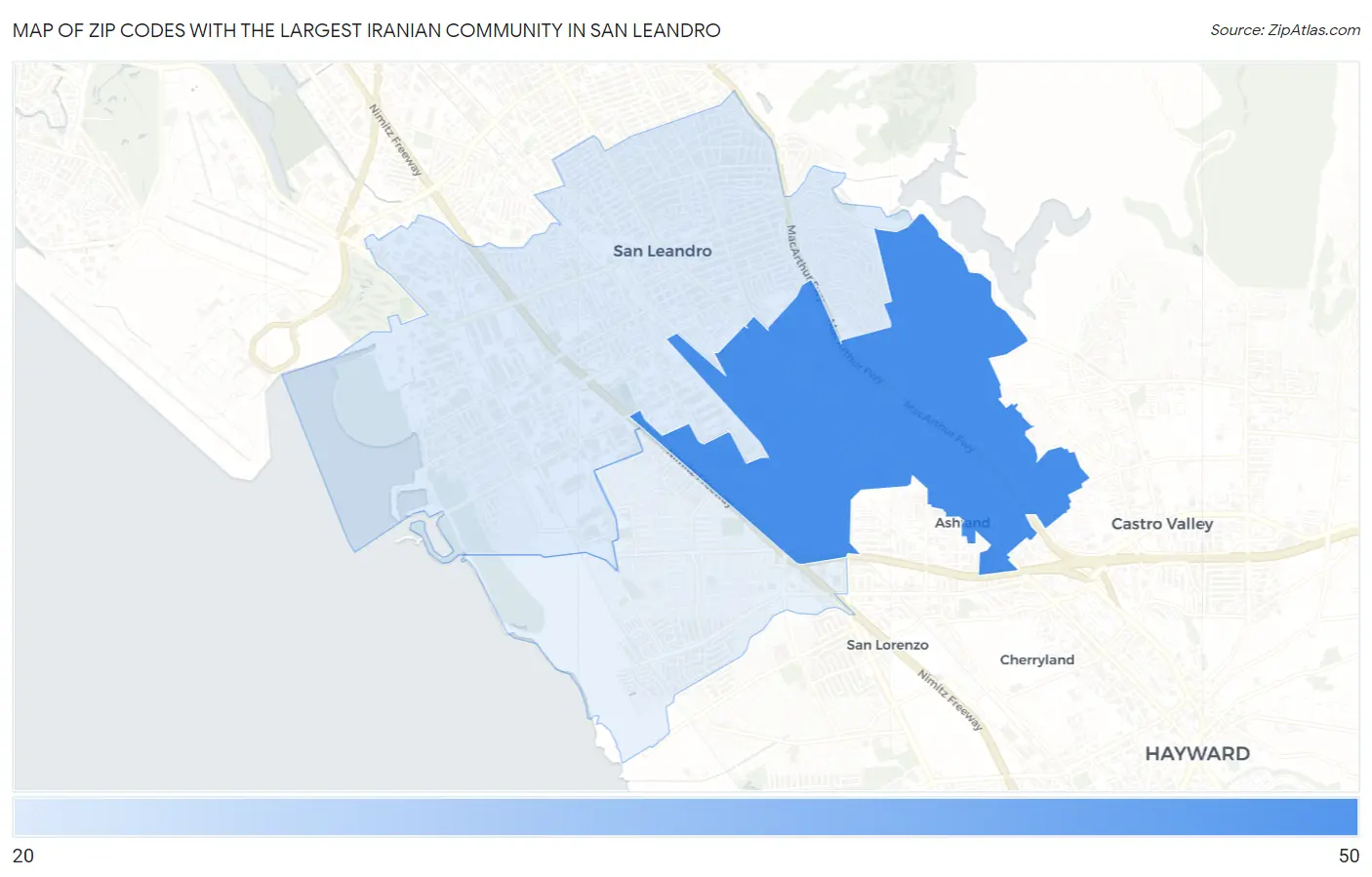 Zip Codes with the Largest Iranian Community in San Leandro Map