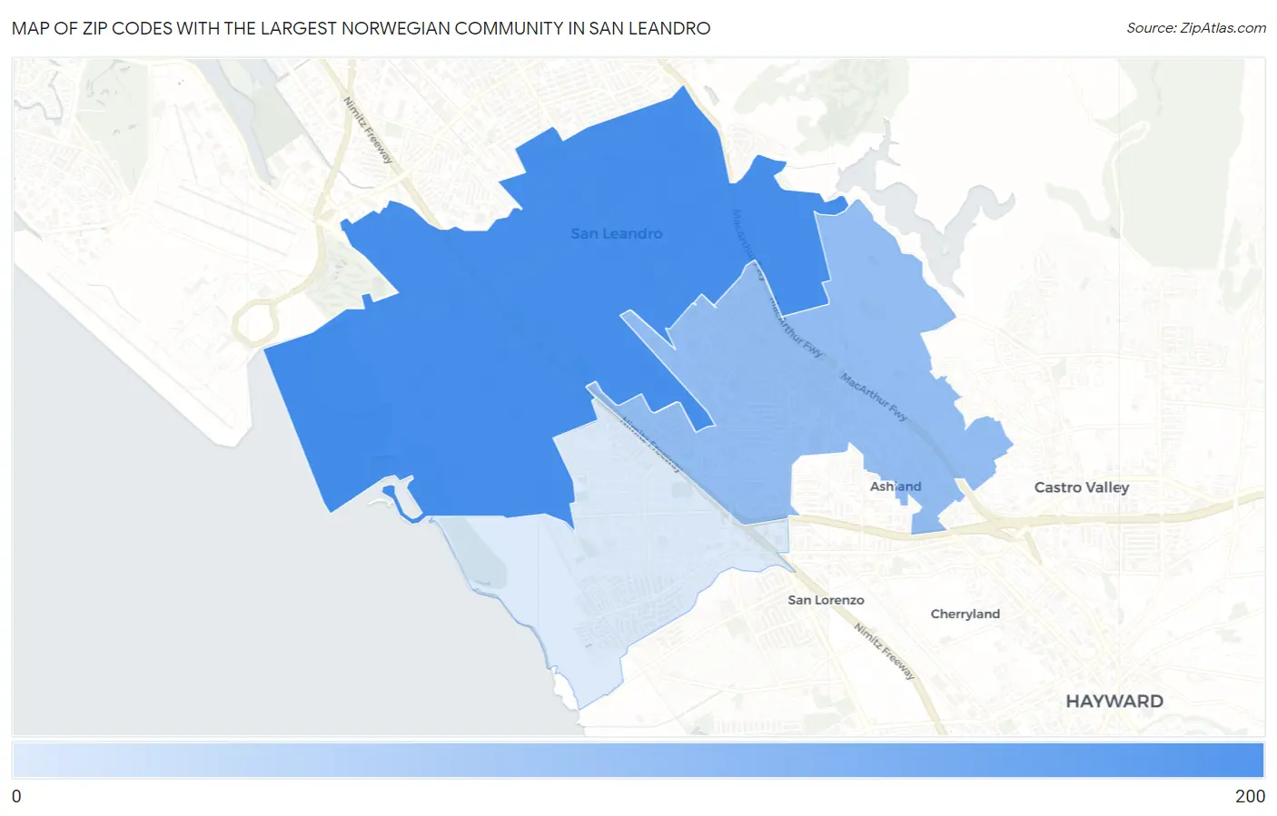 Zip Codes with the Largest Norwegian Community in San Leandro Map