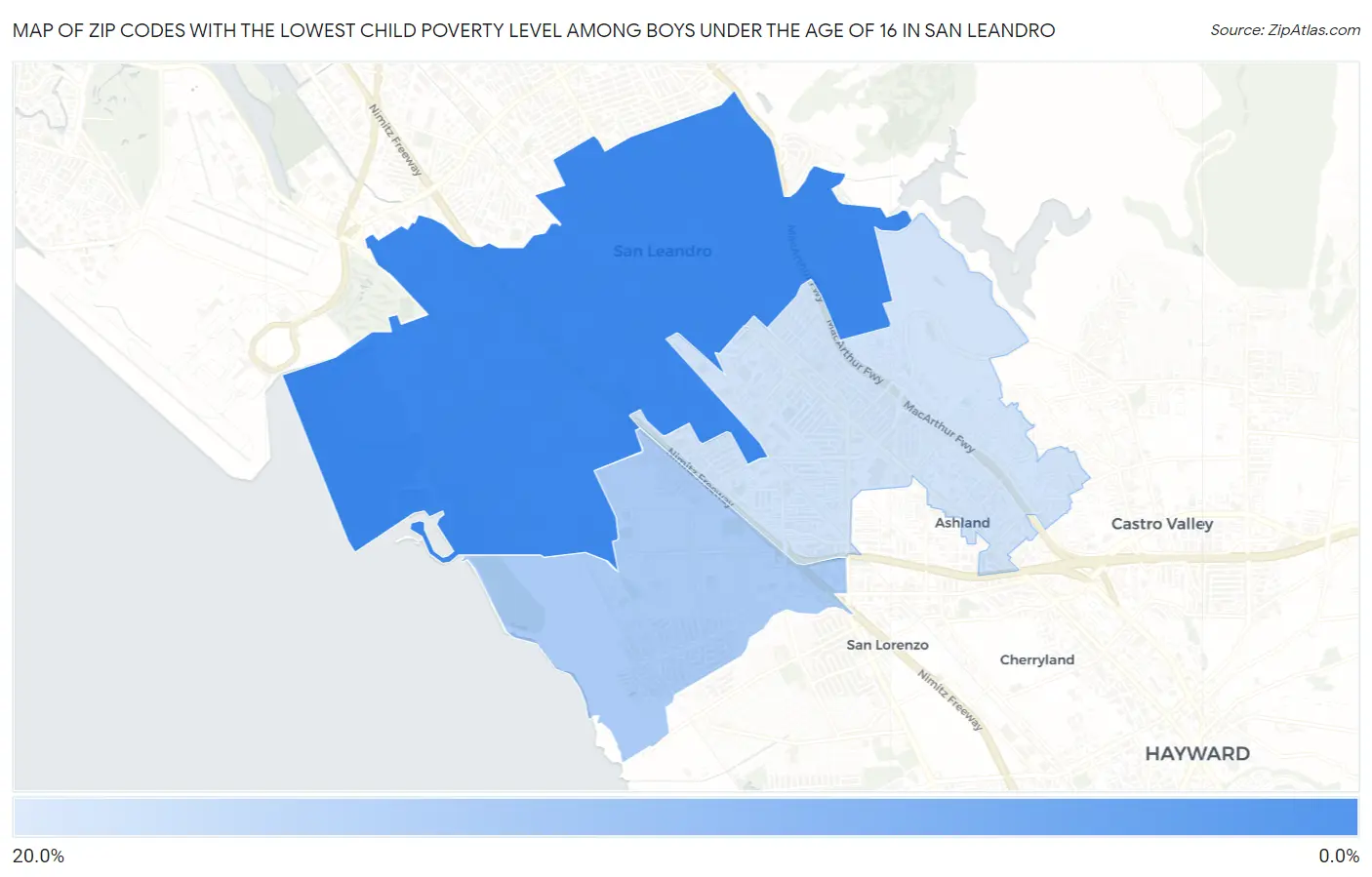 Zip Codes with the Lowest Child Poverty Level Among Boys Under the Age of 16 in San Leandro Map
