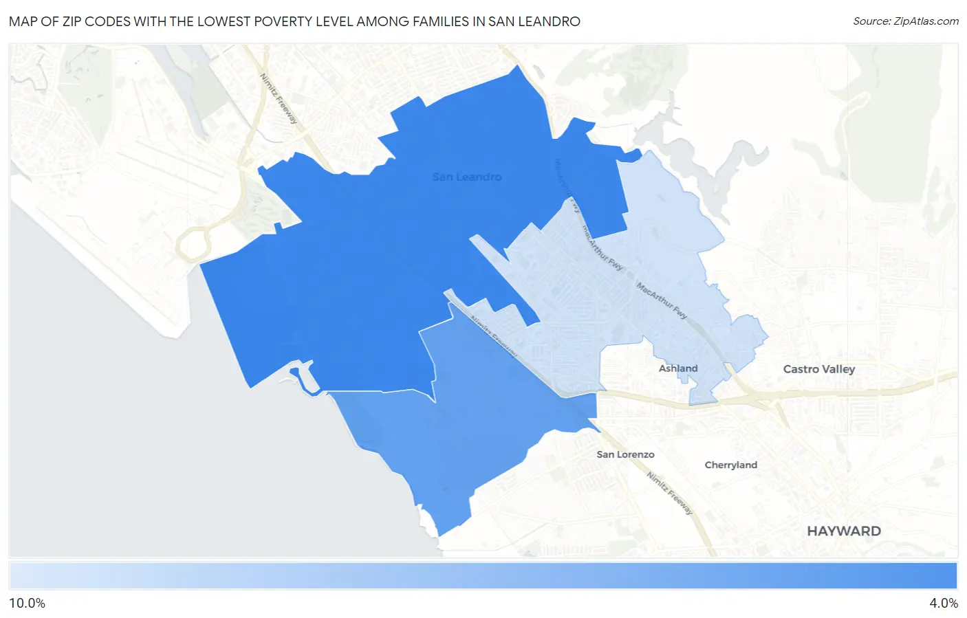 Zip Codes with the Lowest Poverty Level Among Families in San Leandro Map