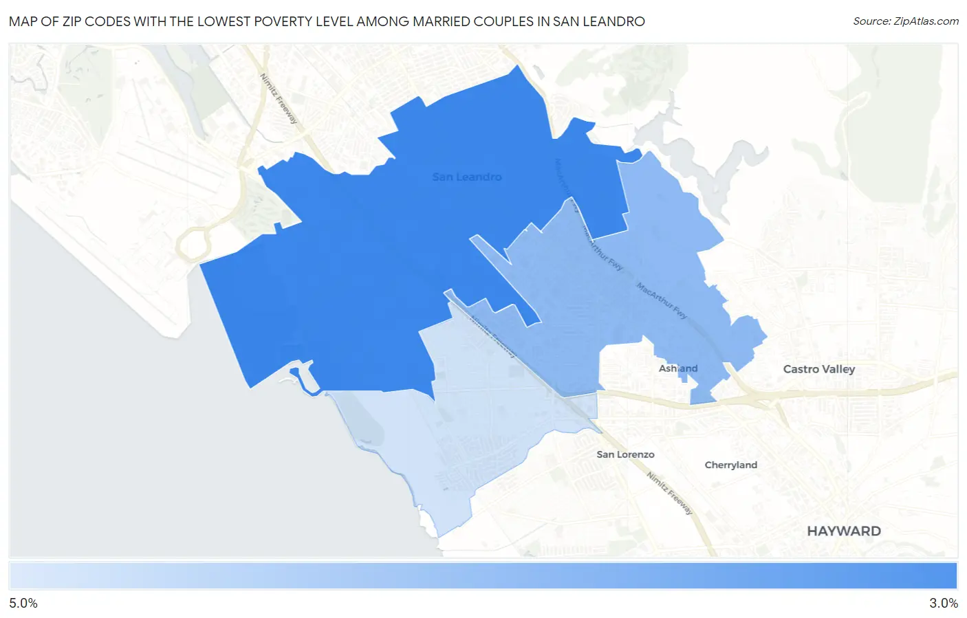 Zip Codes with the Lowest Poverty Level Among Married Couples in San Leandro Map