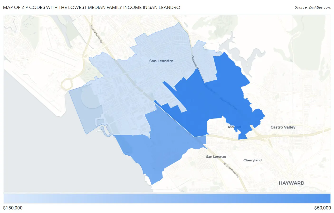 Zip Codes with the Lowest Median Family Income in San Leandro Map