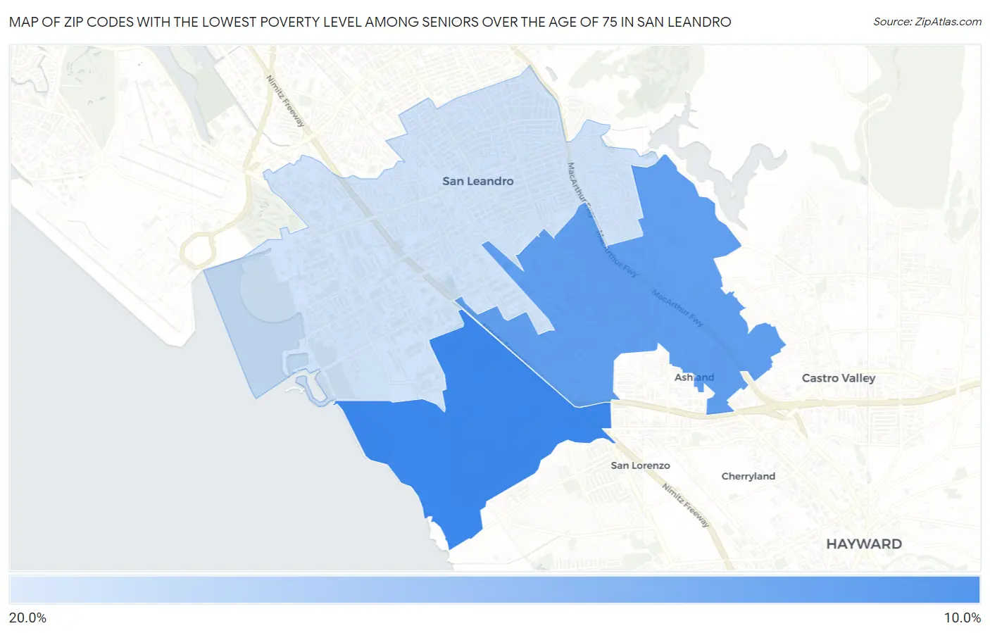 Zip Codes with the Lowest Poverty Level Among Seniors Over the Age of 75 in San Leandro Map