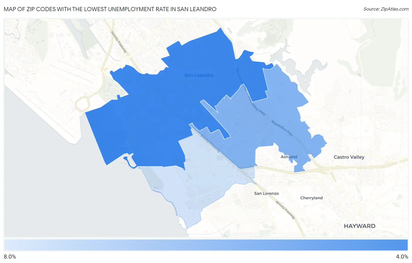 Zip Codes with the Lowest Unemployment Rate in San Leandro Map