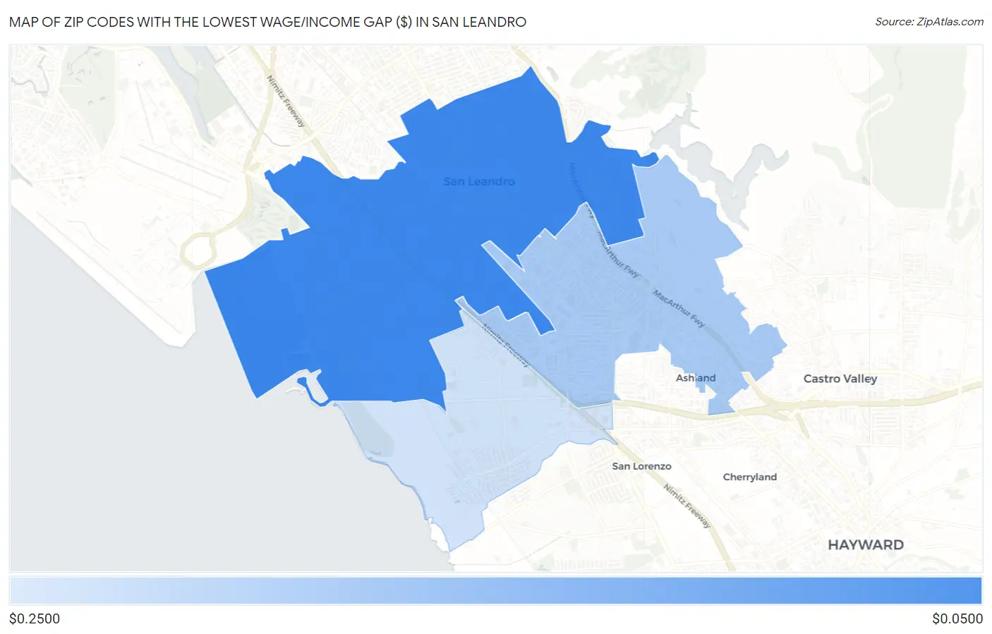 Zip Codes with the Lowest Wage/Income Gap ($) in San Leandro Map