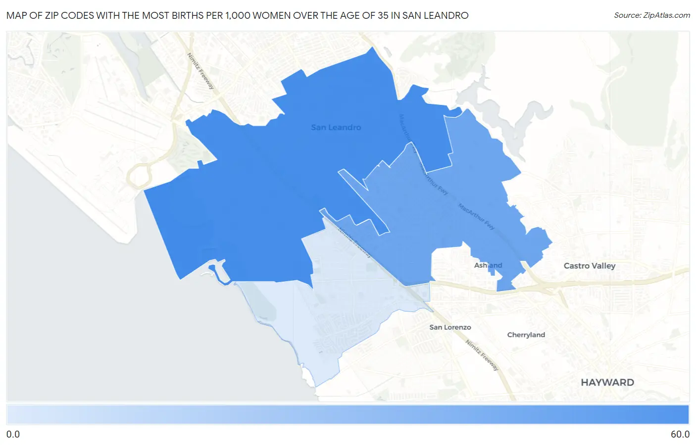 Zip Codes with the Most Births per 1,000 Women Over the Age of 35 in San Leandro Map