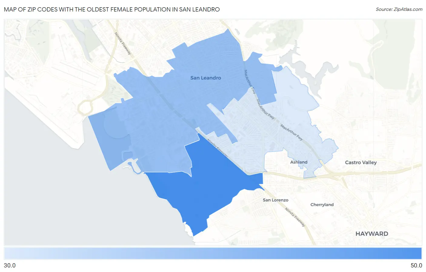 Zip Codes with the Oldest Female Population in San Leandro Map