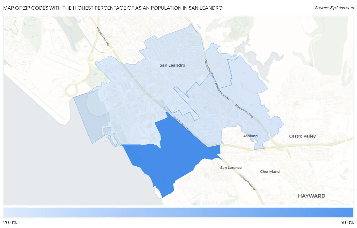 Zip Codes with the Highest Percentage of Asian Population in San Leandro Map