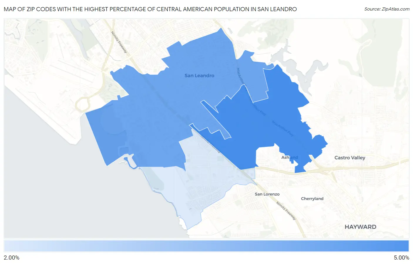 Zip Codes with the Highest Percentage of Central American Population in San Leandro Map