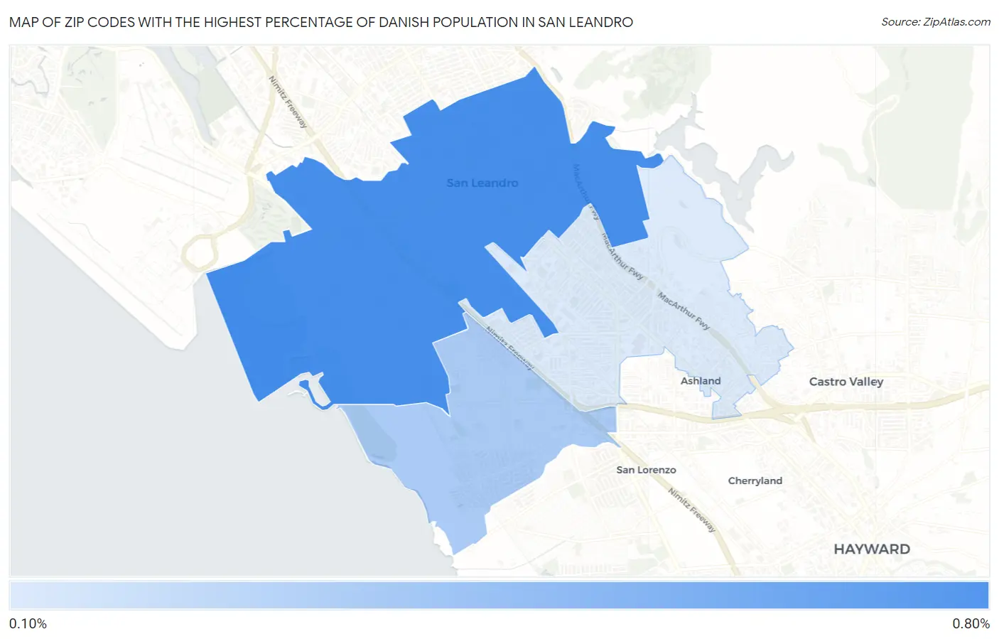 Zip Codes with the Highest Percentage of Danish Population in San Leandro Map