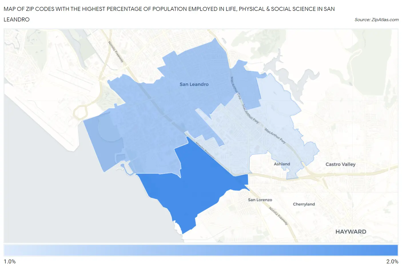 Zip Codes with the Highest Percentage of Population Employed in Life, Physical & Social Science in San Leandro Map