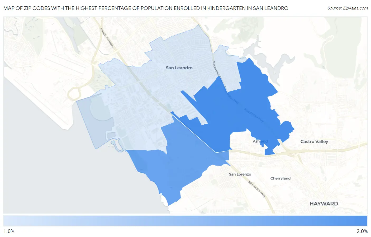 Zip Codes with the Highest Percentage of Population Enrolled in Kindergarten in San Leandro Map