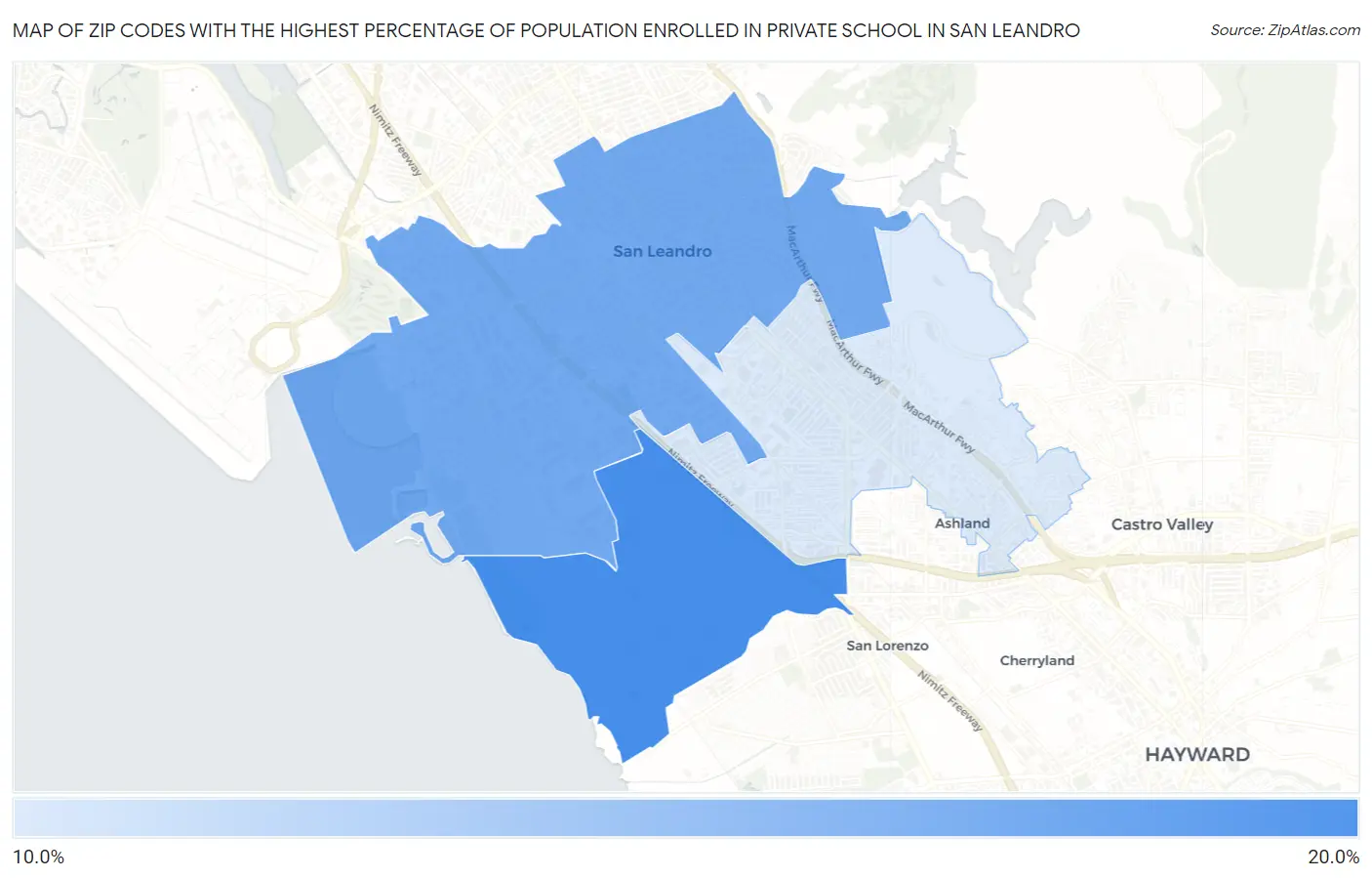 Zip Codes with the Highest Percentage of Population Enrolled in Private School in San Leandro Map