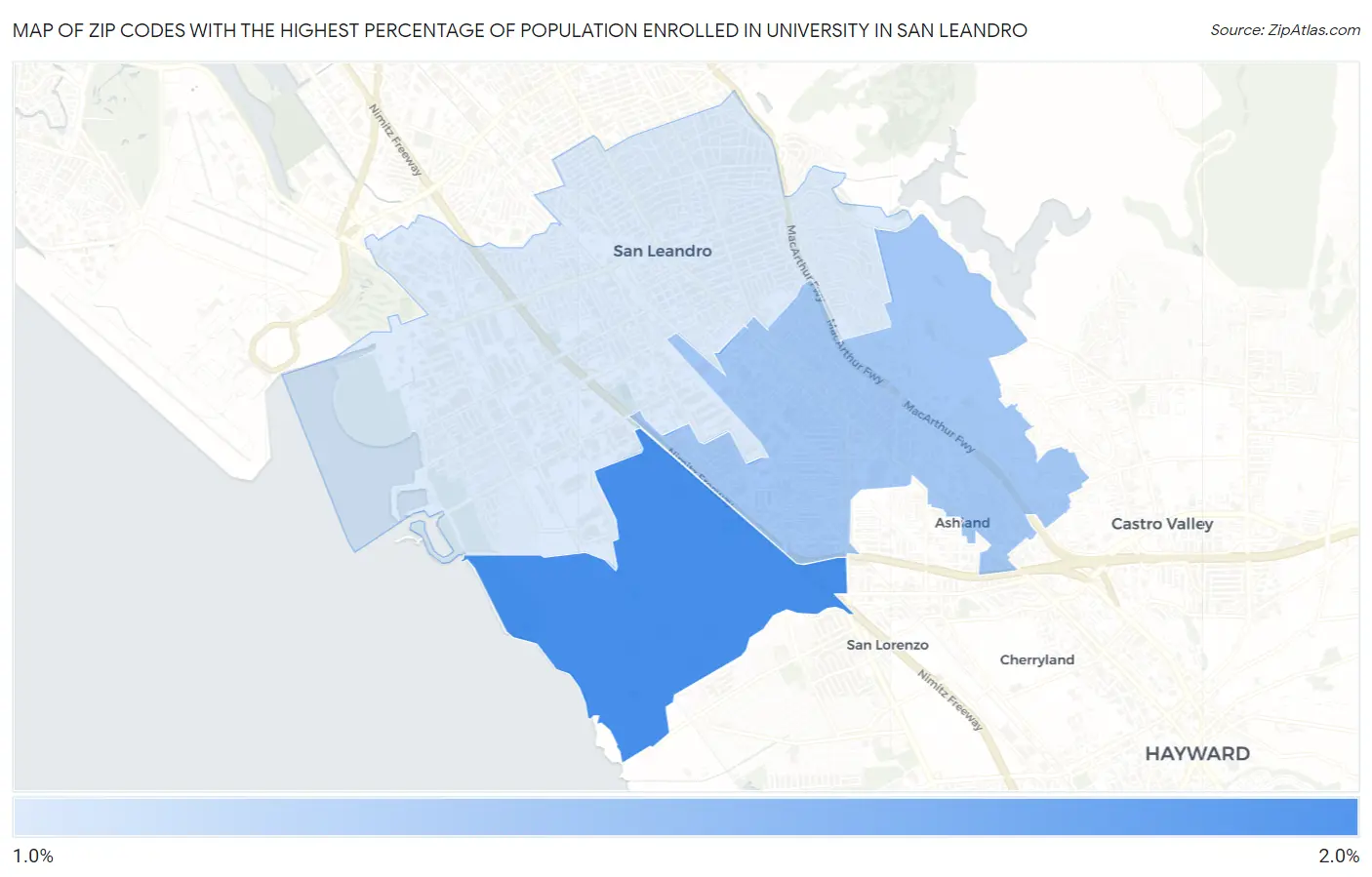 Zip Codes with the Highest Percentage of Population Enrolled in University in San Leandro Map