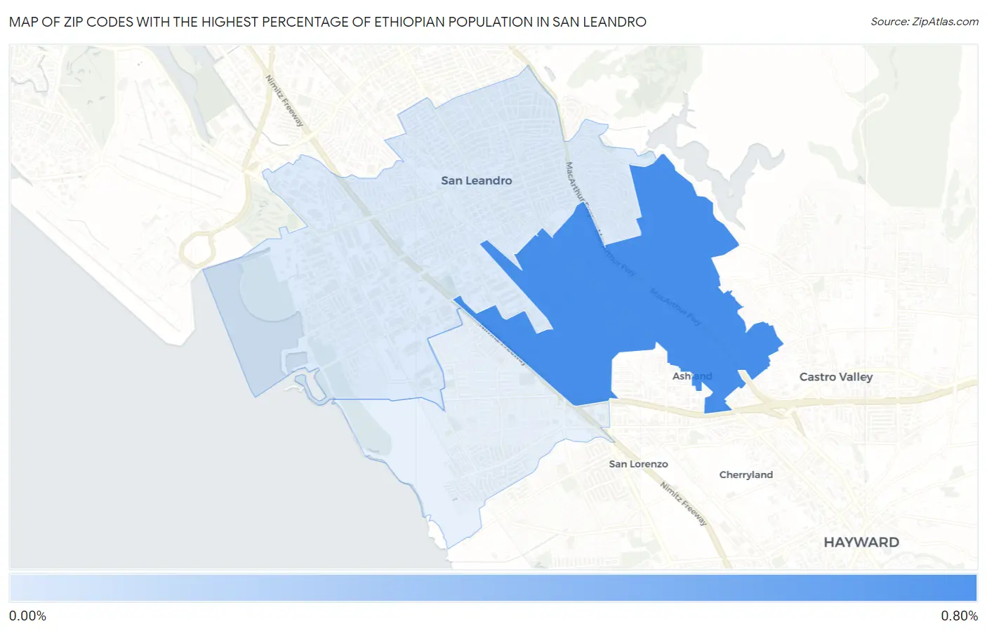 Zip Codes with the Highest Percentage of Ethiopian Population in San Leandro Map