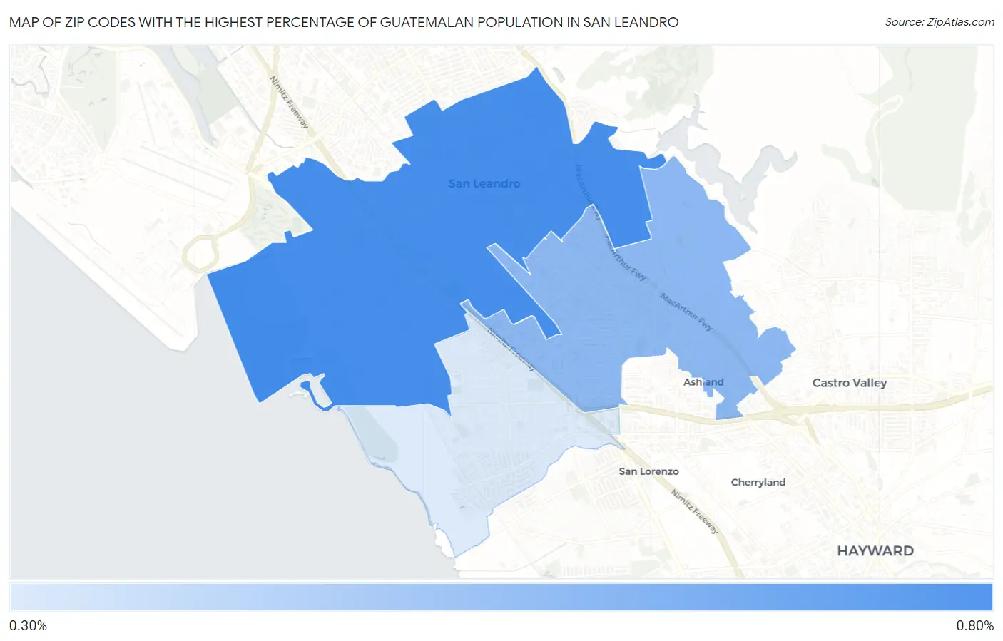 Zip Codes with the Highest Percentage of Guatemalan Population in San Leandro Map
