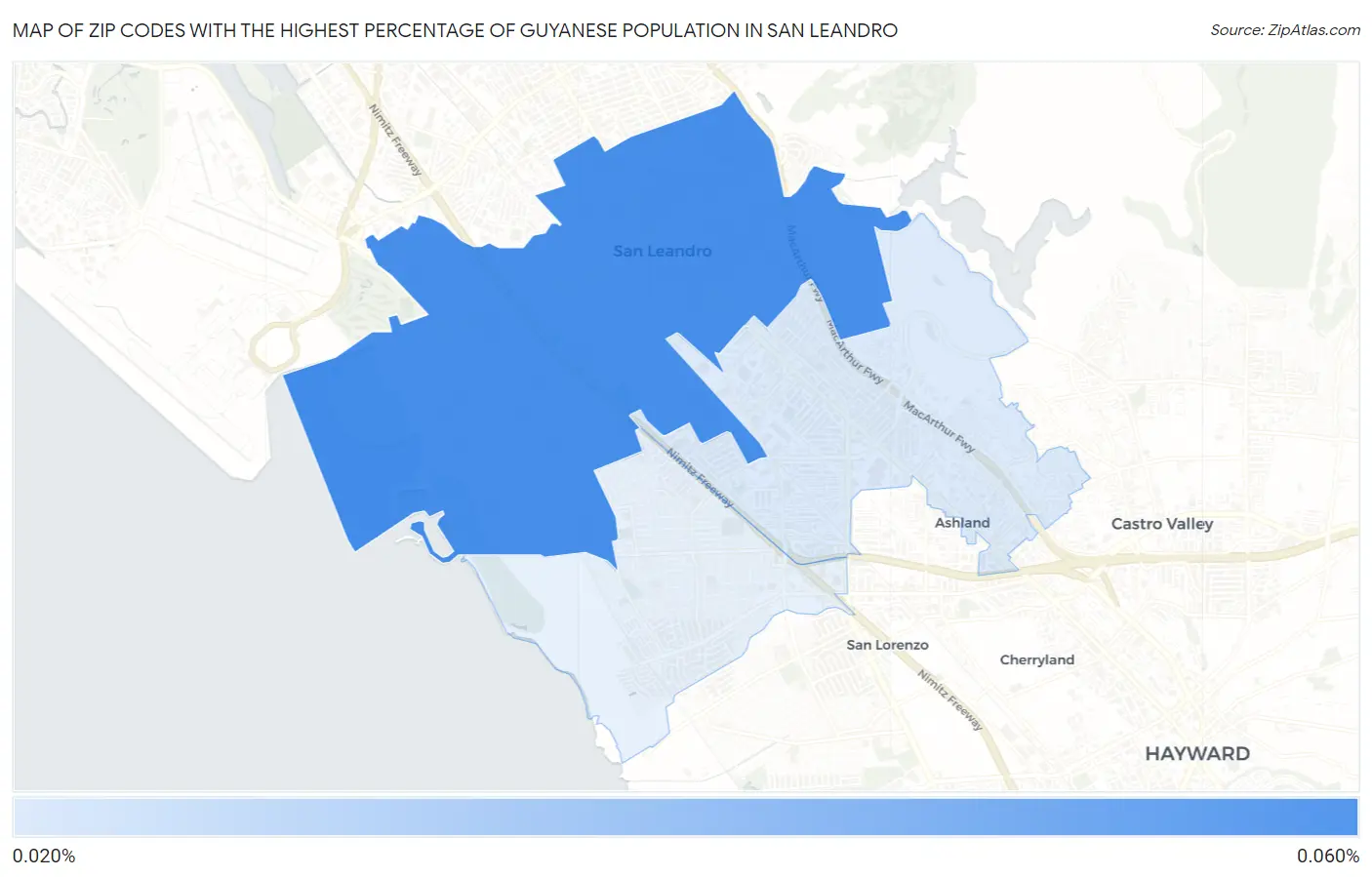 Zip Codes with the Highest Percentage of Guyanese Population in San Leandro Map