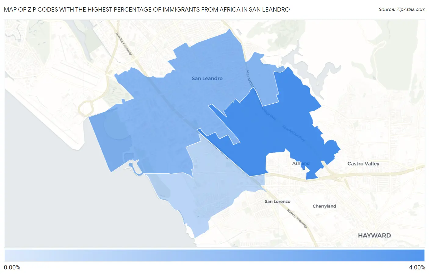 Zip Codes with the Highest Percentage of Immigrants from Africa in San Leandro Map