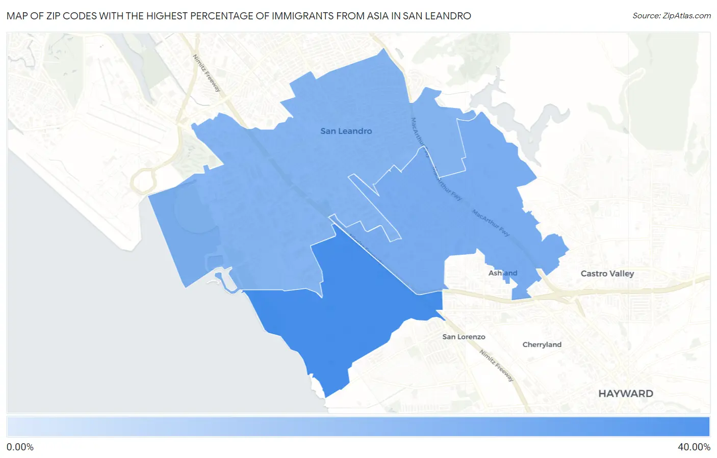 Zip Codes with the Highest Percentage of Immigrants from Asia in San Leandro Map