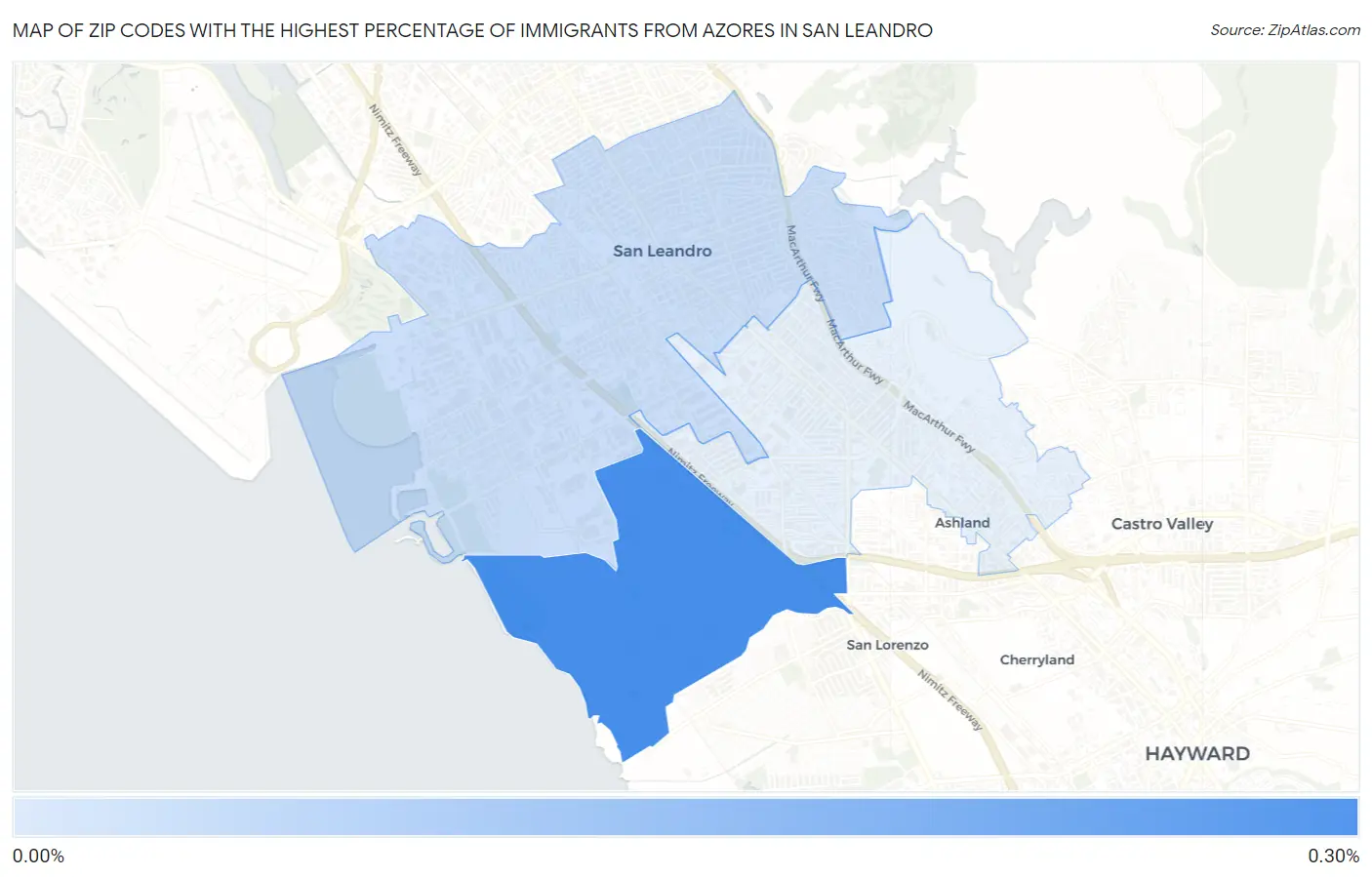Zip Codes with the Highest Percentage of Immigrants from Azores in San Leandro Map