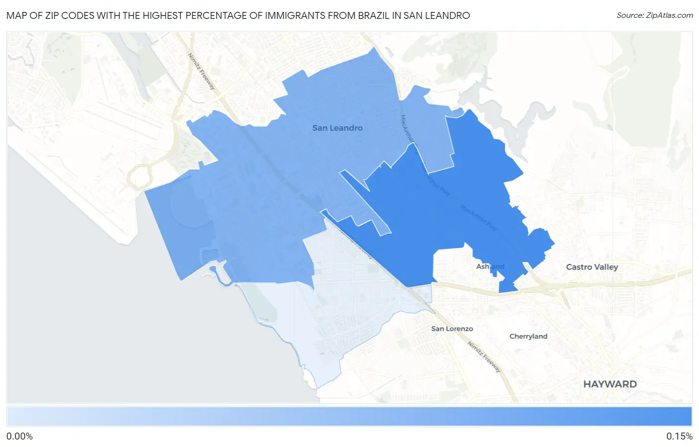 Zip Codes with the Highest Percentage of Immigrants from Brazil in San Leandro Map