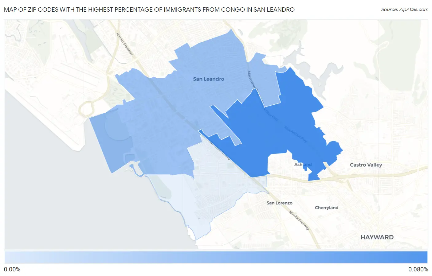 Zip Codes with the Highest Percentage of Immigrants from Congo in San Leandro Map