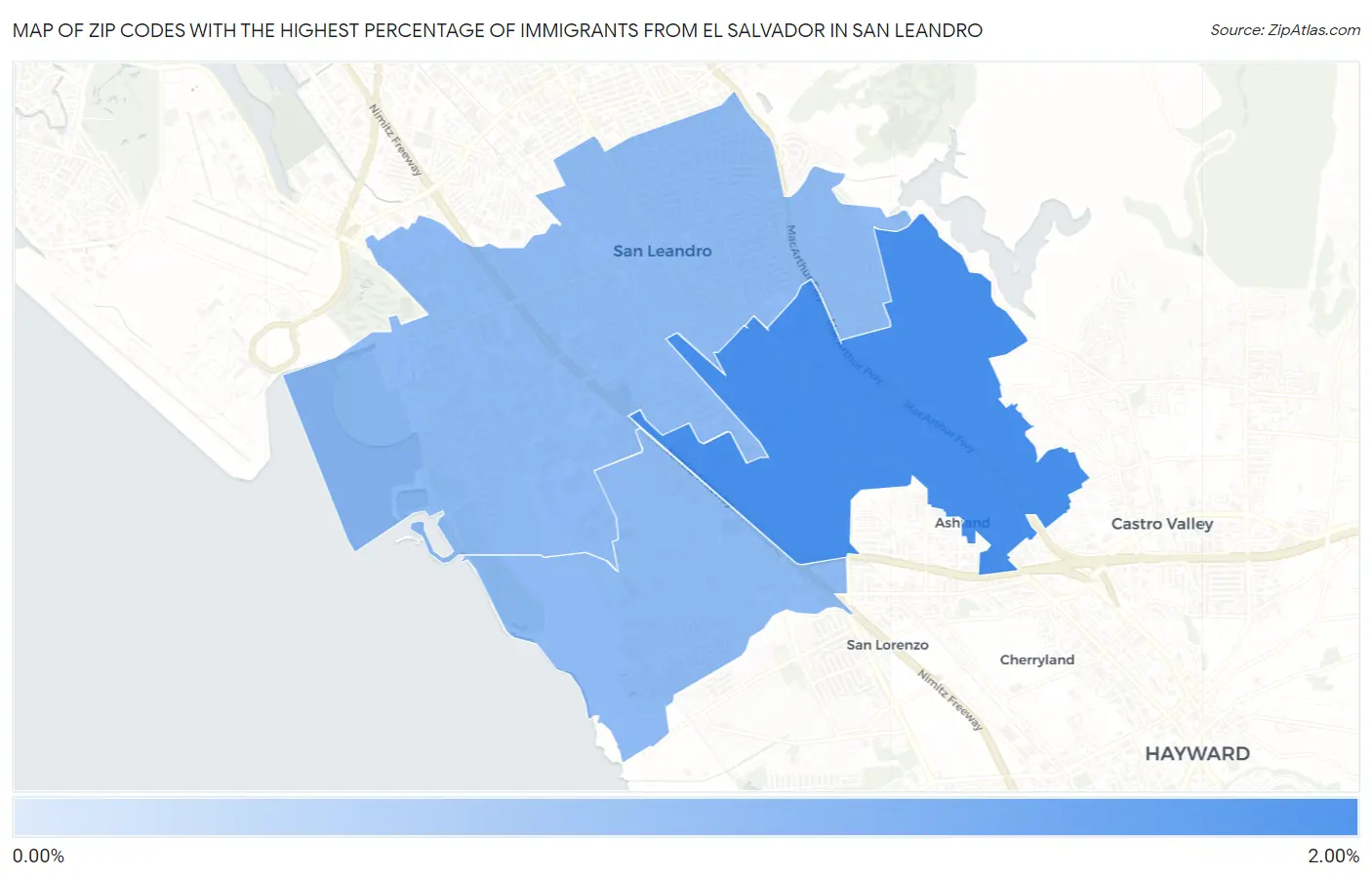Zip Codes with the Highest Percentage of Immigrants from El Salvador in San Leandro Map