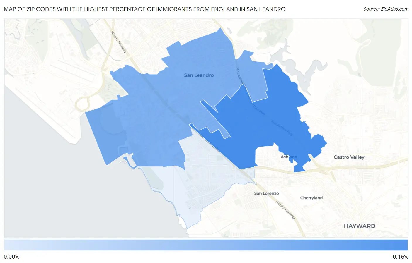 Zip Codes with the Highest Percentage of Immigrants from England in San Leandro Map