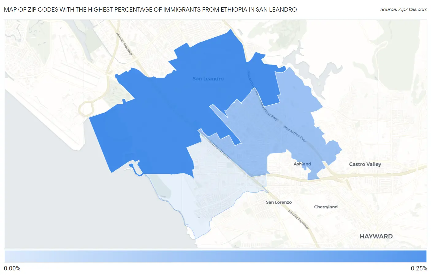 Zip Codes with the Highest Percentage of Immigrants from Ethiopia in San Leandro Map