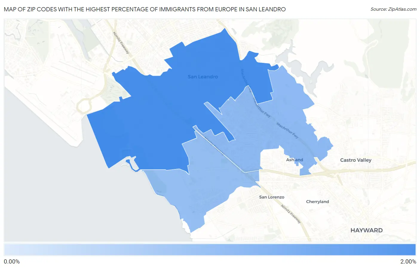 Zip Codes with the Highest Percentage of Immigrants from Europe in San Leandro Map