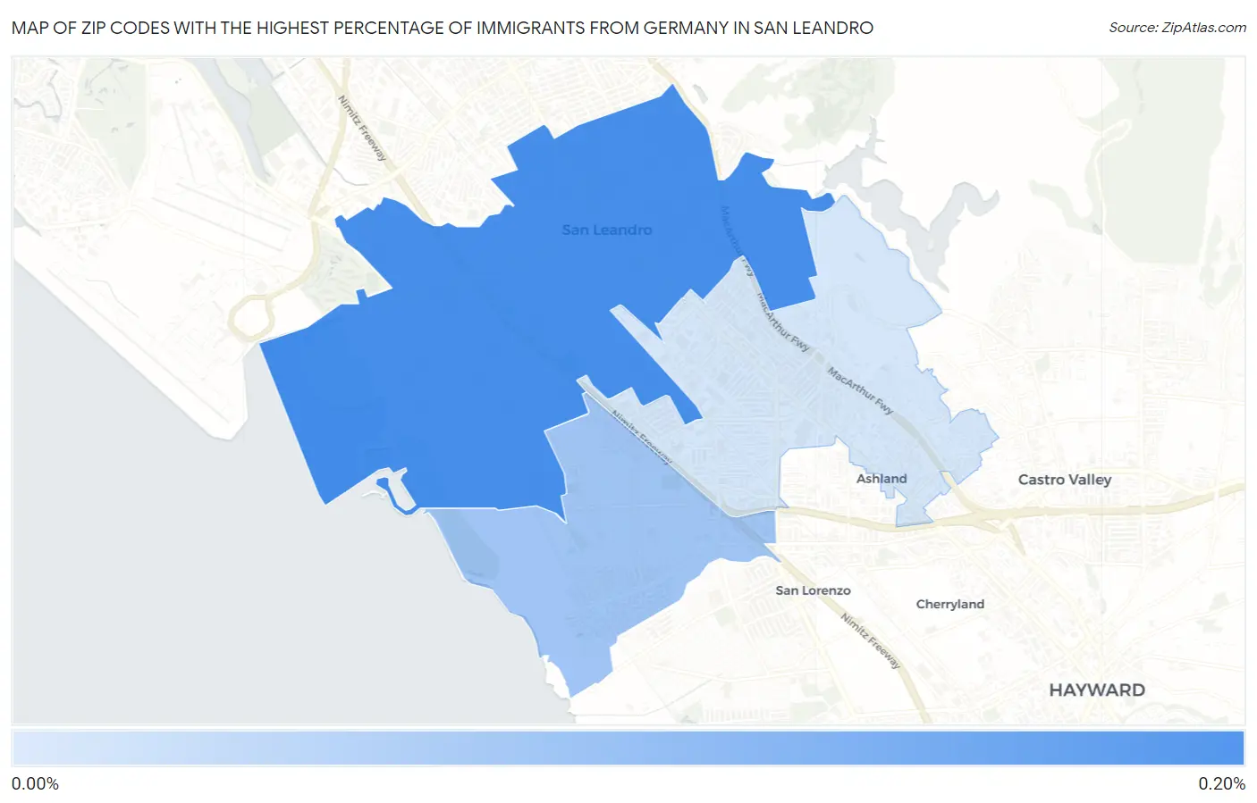 Zip Codes with the Highest Percentage of Immigrants from Germany in San Leandro Map