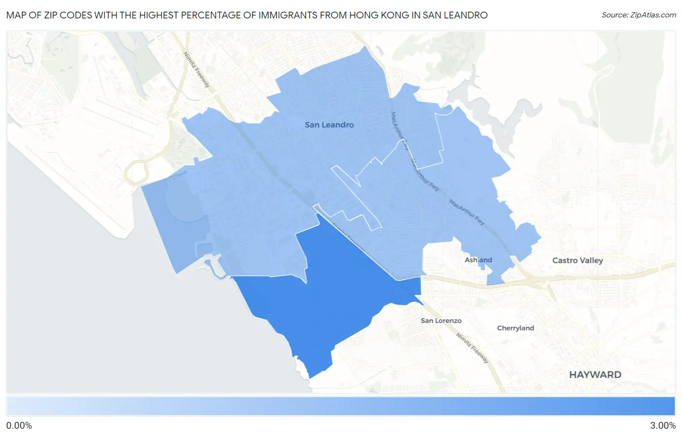 Zip Codes with the Highest Percentage of Immigrants from Hong Kong in San Leandro Map