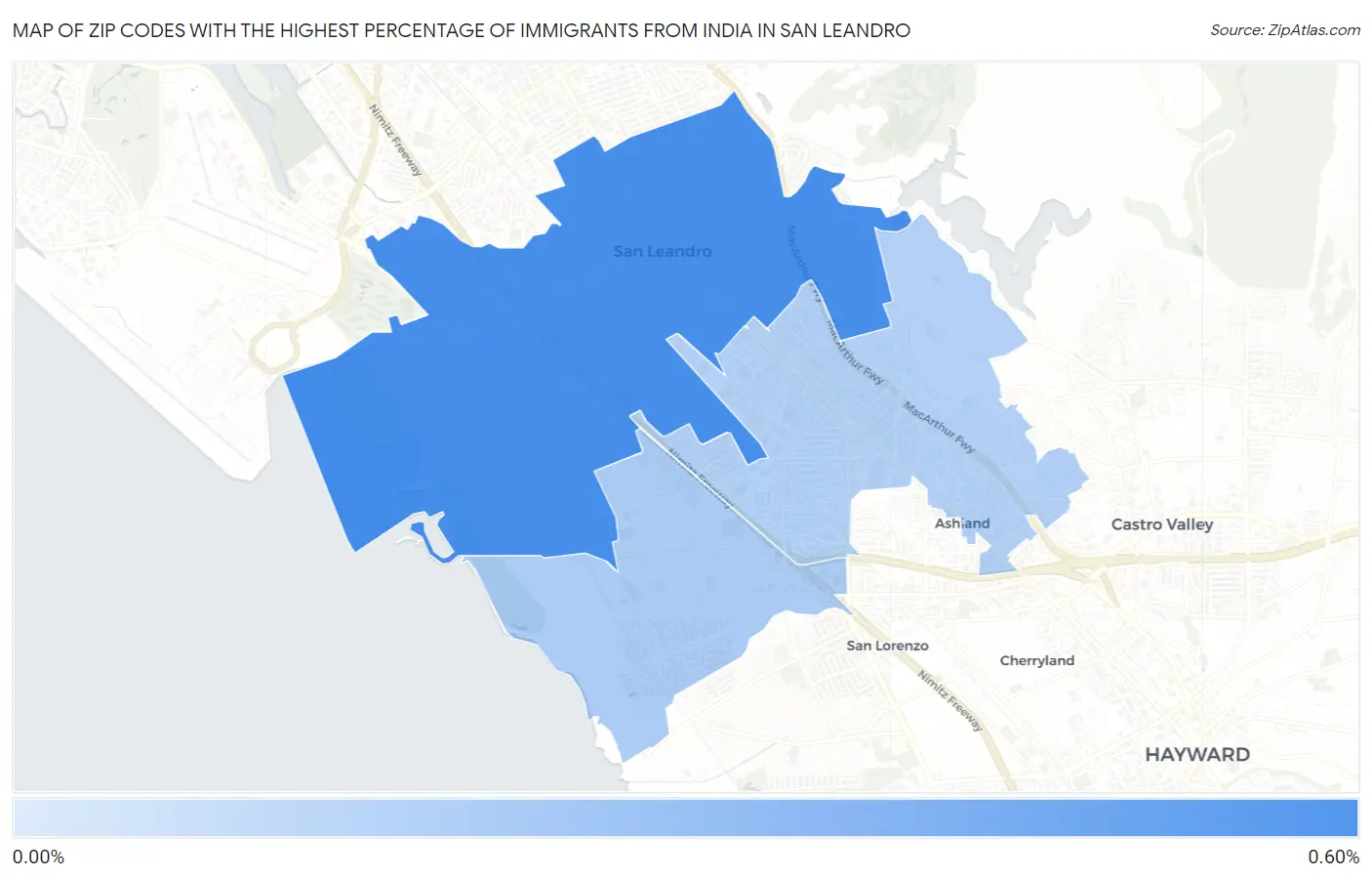 Zip Codes with the Highest Percentage of Immigrants from India in San Leandro Map