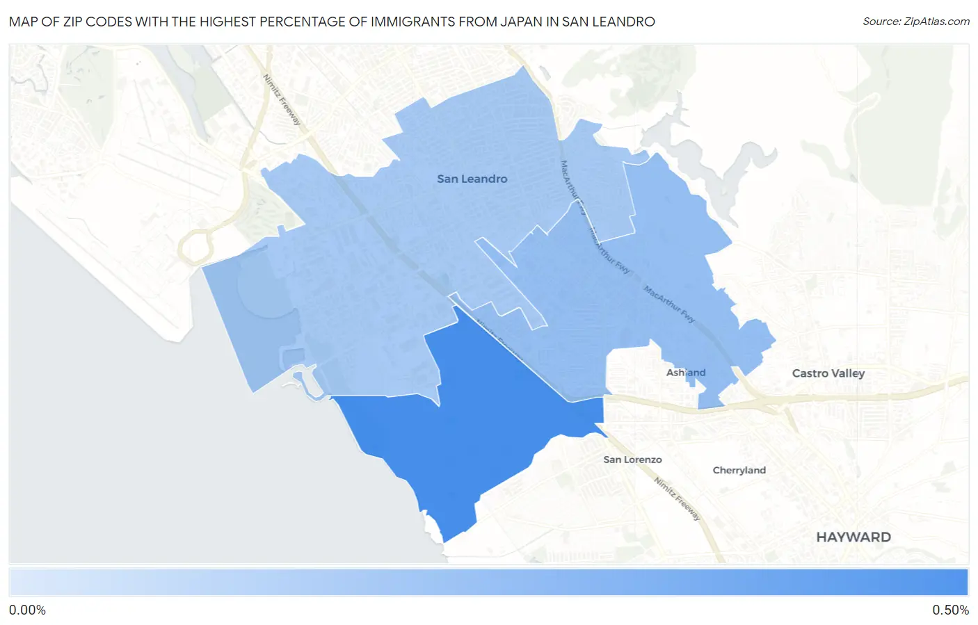 Zip Codes with the Highest Percentage of Immigrants from Japan in San Leandro Map