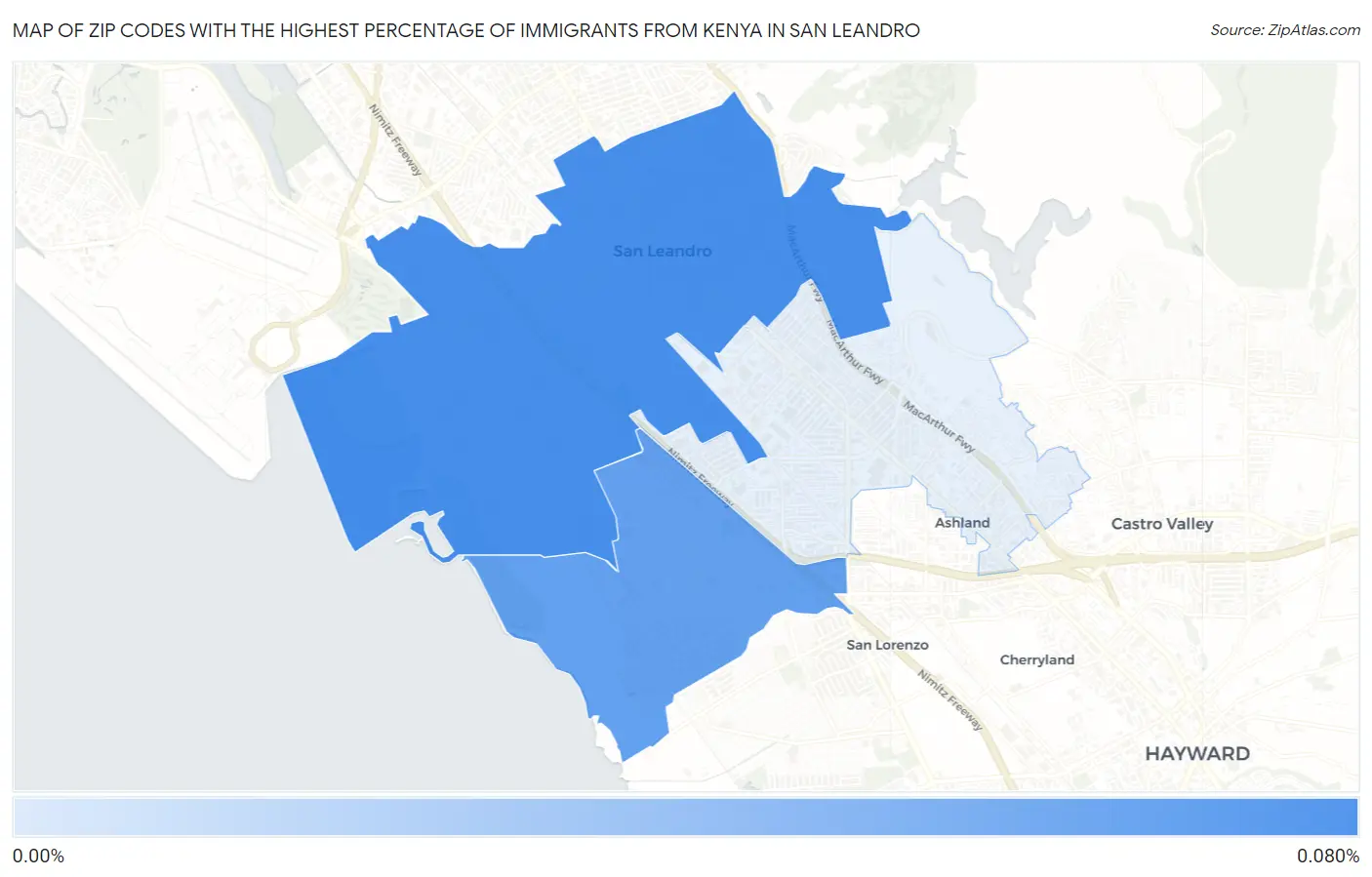 Zip Codes with the Highest Percentage of Immigrants from Kenya in San Leandro Map