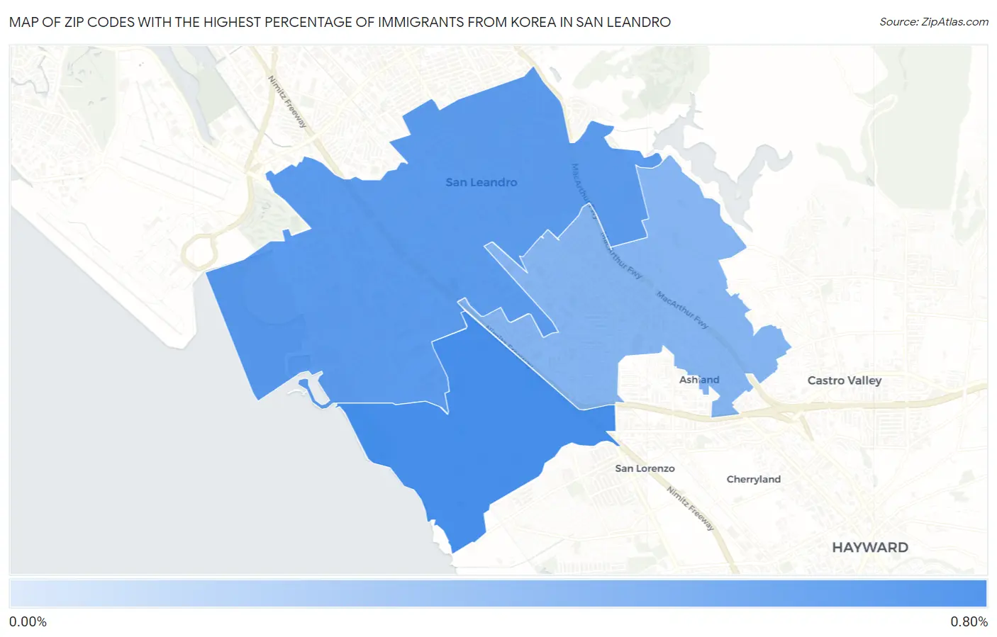 Zip Codes with the Highest Percentage of Immigrants from Korea in San Leandro Map