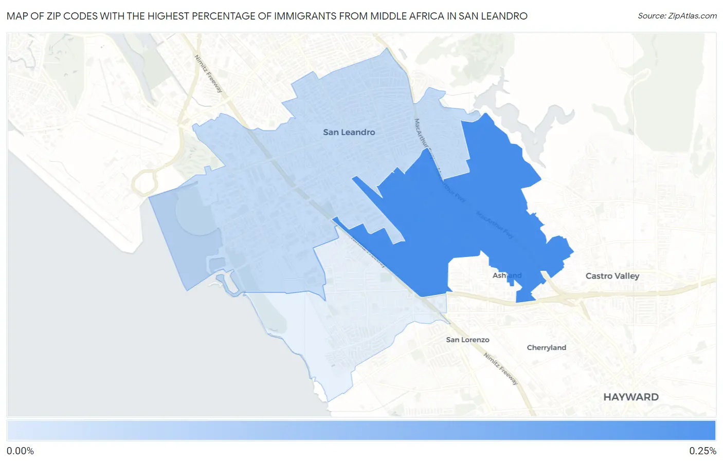 Zip Codes with the Highest Percentage of Immigrants from Middle Africa in San Leandro Map