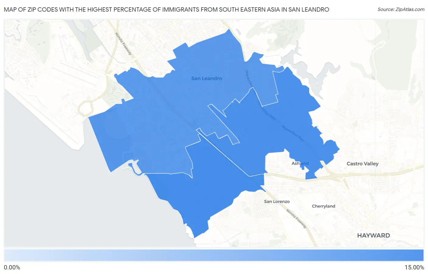 Zip Codes with the Highest Percentage of Immigrants from South Eastern Asia in San Leandro Map