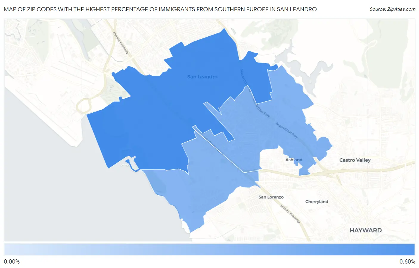 Zip Codes with the Highest Percentage of Immigrants from Southern Europe in San Leandro Map