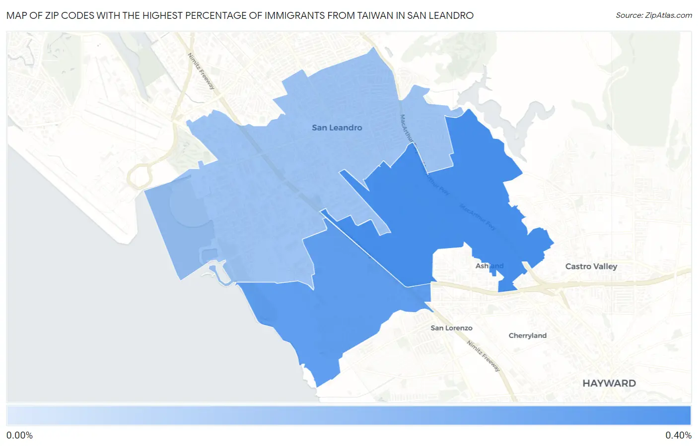 Zip Codes with the Highest Percentage of Immigrants from Taiwan in San Leandro Map