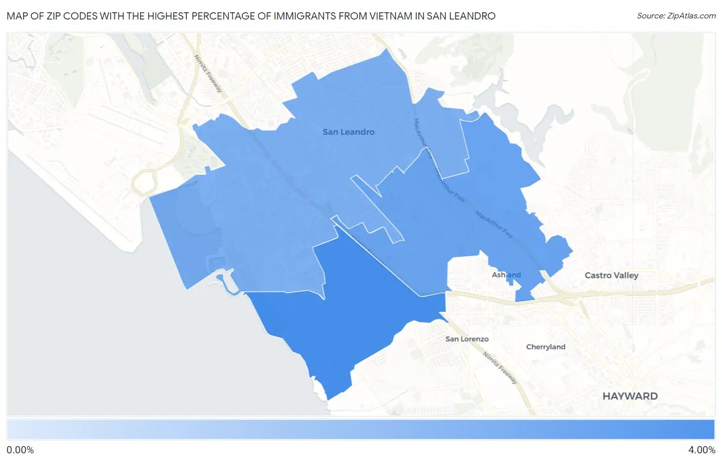 Zip Codes with the Highest Percentage of Immigrants from Vietnam in San Leandro Map