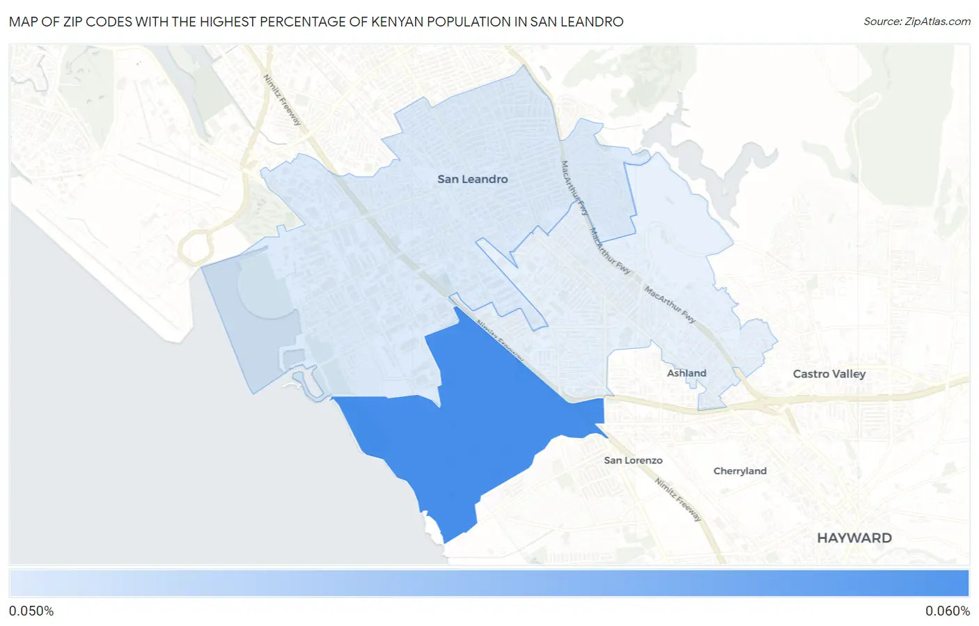 Zip Codes with the Highest Percentage of Kenyan Population in San Leandro Map