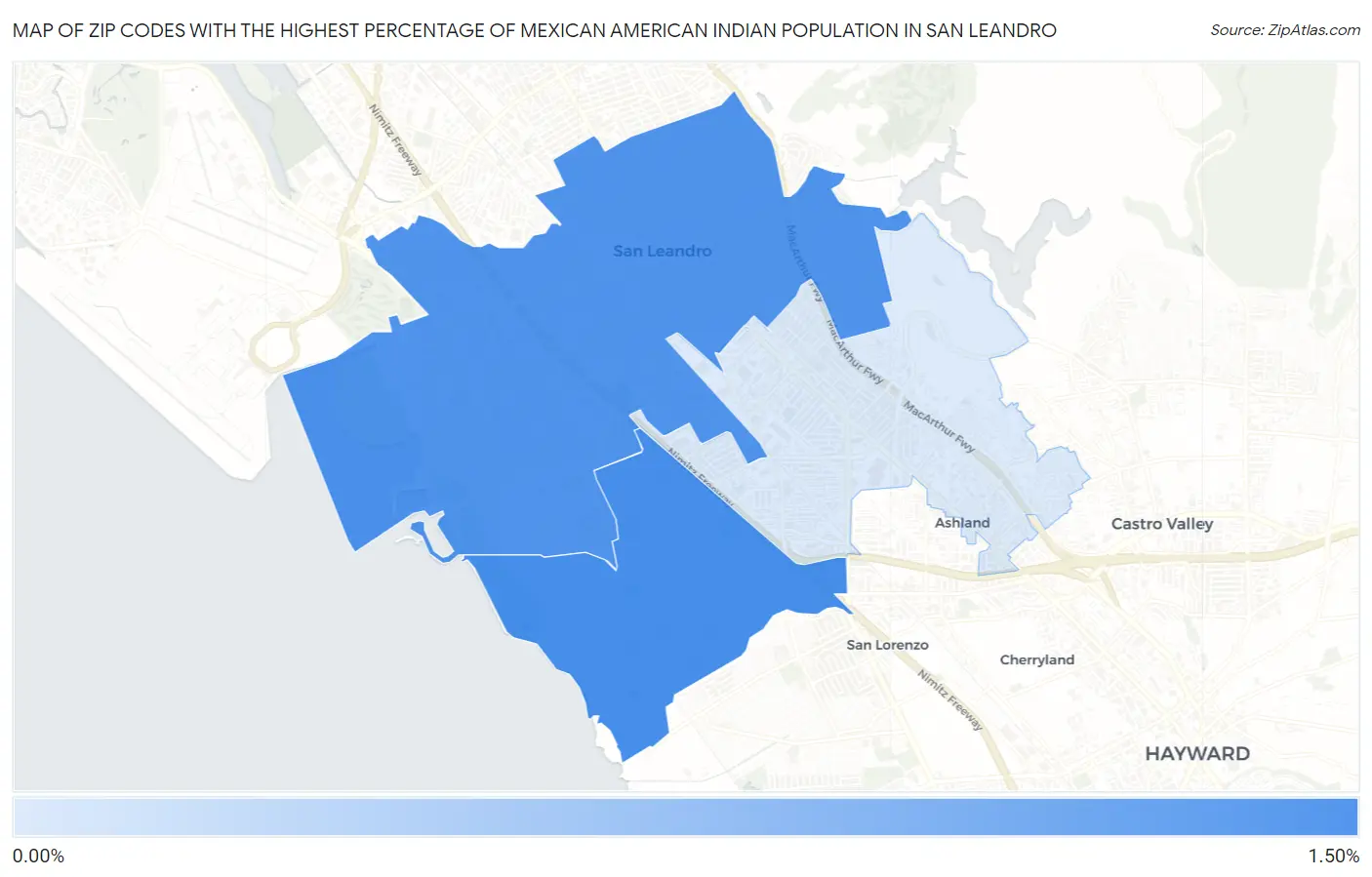 Zip Codes with the Highest Percentage of Mexican American Indian Population in San Leandro Map
